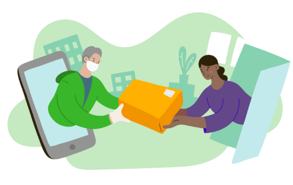 digital welcome hero image showing a digital mentor passing a parcel to another person