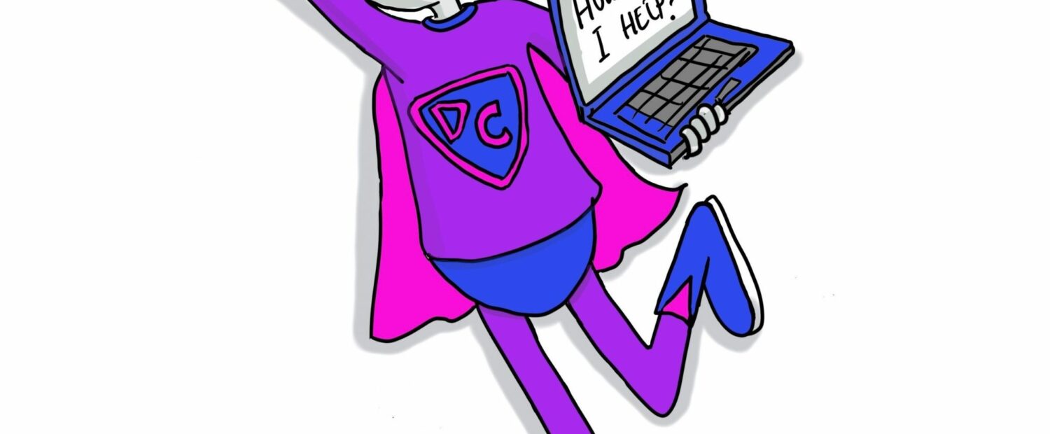 A Digital Champion superhero cartoon. The DC is dressed as a typical superhero and carries a laptop with "How can I help?" on the screen and a smartphone with "Hi there!" on its screen.