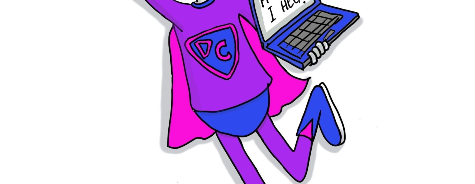 A Digital Champion superhero cartoon. The DC is dressed as a typical superhero and carries a laptop with "How can I help?" on the screen and a smartphone with "Hi there!" on its screen.