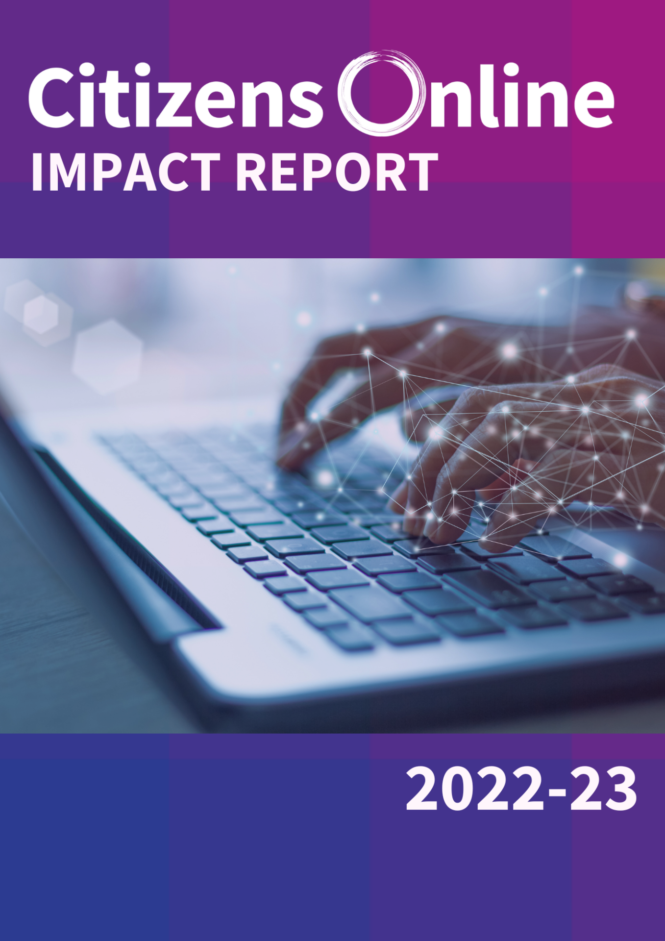 Cover of Citizens Online Impact Report showing hands typing on keyboard