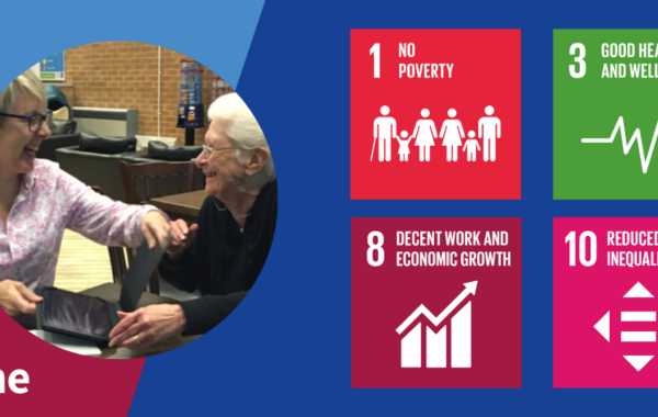 Image from Citizens Online with 6 United Nations Development Goals: Number 3 'Good Health and Well-being', 'Number 4 'Quality Education', Number 8 'Decent Work and Economic Growth', Number 10 'Reduced Inequalities', Number 12 'Responsible consumption and Production', with a photo of a learner being supported by a Digital Champion.